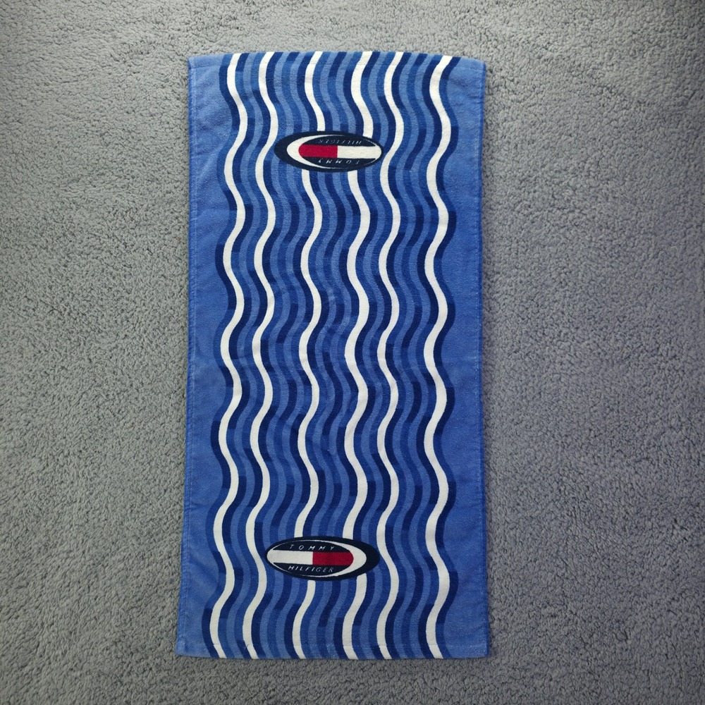 Tommy Hilfiger Bay Blue Wavy Stripe Cotton Hand Towel Blue White Logo 125946